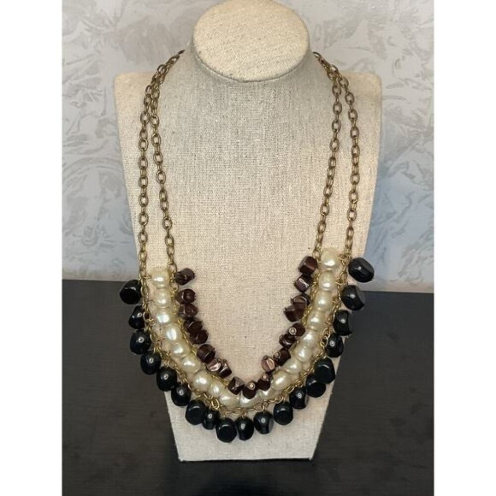 Layered Faux Pearl & Black Bead Necklace With Gold-Tone Chain